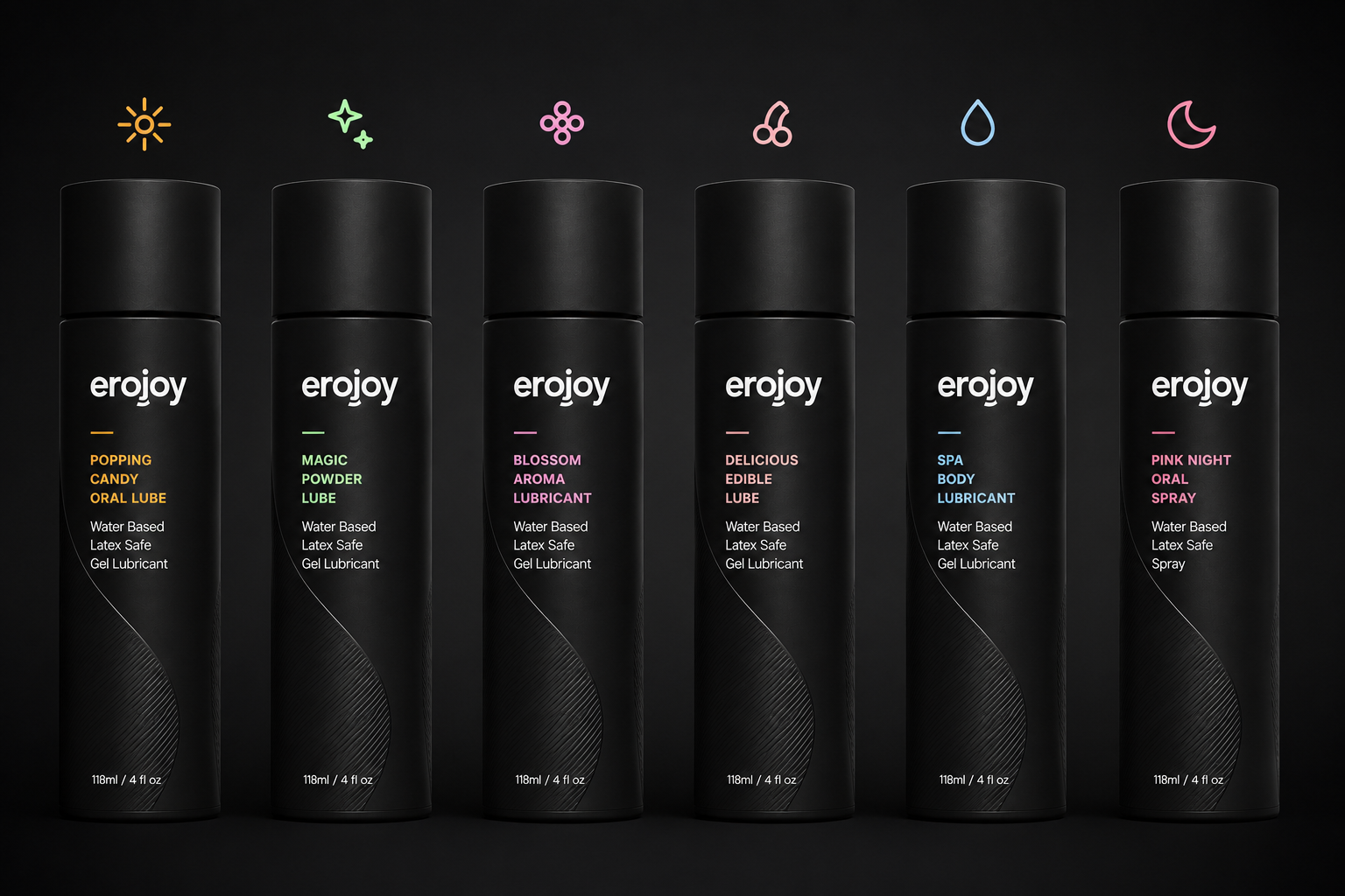 The full Erojoy lineup: Popping Candy, Magic Powder, Blossom Aroma, Delicious Edible, Spa Body and Pink Night lubricants